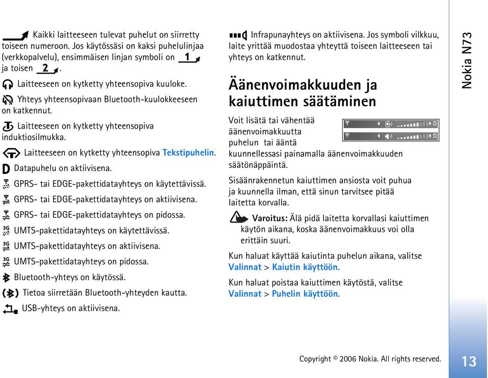 Laitteeseen on kytketty yhteensopiva Tekstipuhelin. Datapuhelu on aktiivisena. GPRS- tai EDGE-pakettidatayhteys on käytettävissä. GPRS- tai EDGE-pakettidatayhteys on aktiivisena.