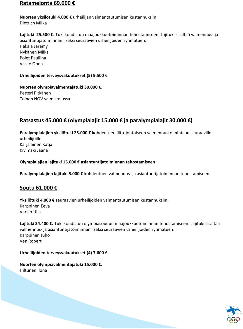 500 Nuorten olympiavalmentajatuki 30.000. Petteri Pitkänen Toinen NOV valmistelussa Ratsastus 45.000 (olympialajit 15.000 ja paralympialajit 30.000 ) Paralympialajien yksilötuki 25.