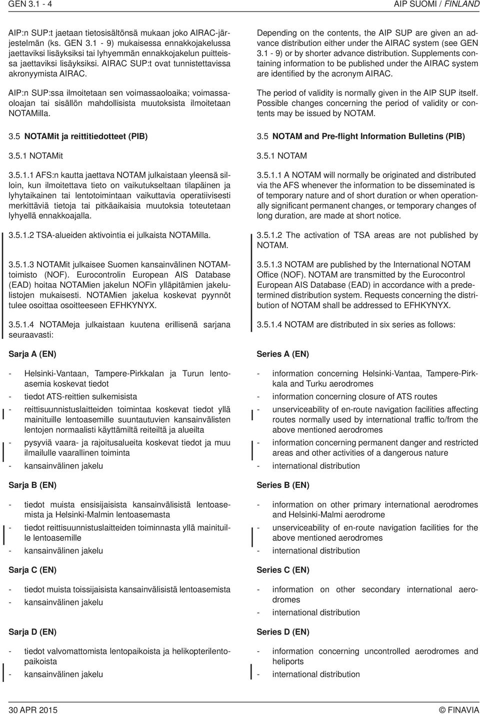 AIP:n SUP:ssa ilmoitetaan sen voimassaoloaika; voimassaoloajan tai sisällön mahdollisista muutoksista ilmoitetaan NOTAMilla.