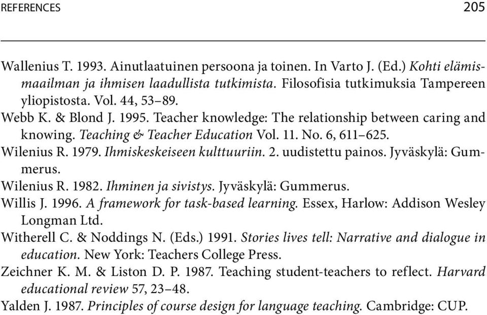 2. uudistettu painos. Jyväskylä: Gummerus. Wilenius R. 1982. Ihminen ja sivistys. Jyväskylä: Gummerus. Willis J. 1996. A framework for task-based learning. Essex, Harlow: Addison Wesley Longman Ltd.