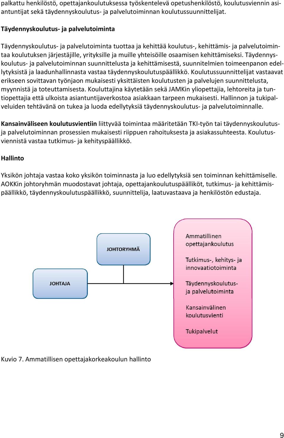 osaamisen kehittämiseksi. Täydennyskoulutus ja palvelutoiminnan suunnittelusta ja kehittämisestä, suunnitelmien toimeenpanon edellytyksistä ja laadunhallinnasta vastaa täydennyskoulutuspäällikkö.