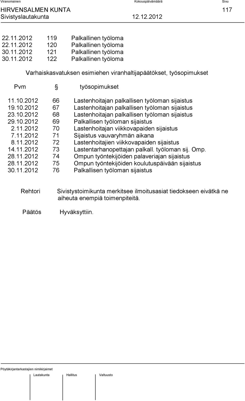 11.2012 70 Lastenhoitajan viikkovapaiden sijaistus 7.11.2012 71 Sijaistus vauvaryhmän aikana 8.11.2012 72 Lastenhoitajien viikkovapaiden sijaistus 14.11.2012 73 Lastentarhanopettajan palkall.