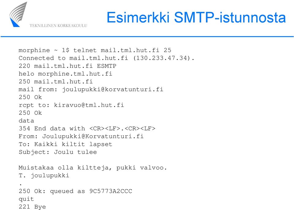 fi 250 Ok rcpt to: kiravuo@tml.hut.fi 250 Ok data 354 End data with <CR><LF>.<CR><LF> From: Joulupukki@Korvatunturi.