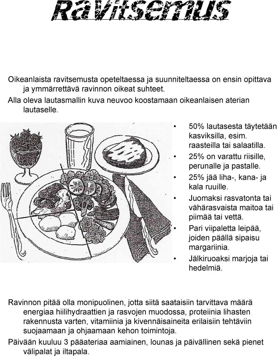 25% jää liha-, kana- ja kala ruuille. Juomaksi rasvatonta tai vähärasvaista maitoa tai piimää tai vettä. Pari viipaletta leipää, joiden päällä sipaisu margariinia. Jälkiruoaksi marjoja tai hedelmiä.