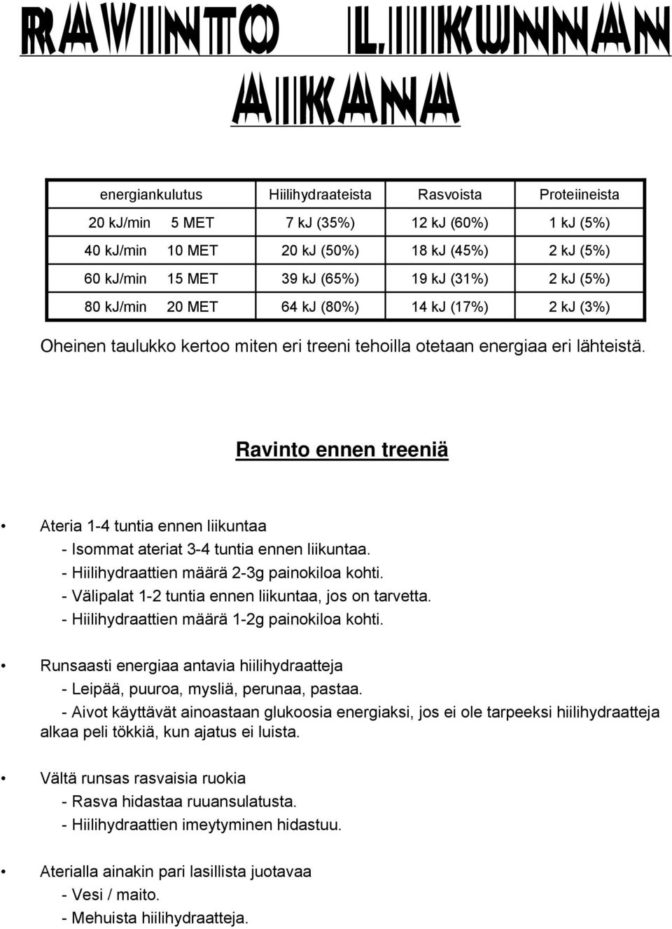 Ravinto ennen treeniä Ateria 1-4 tuntia ennen liikuntaa - Isommat ateriat 3-4 tuntia ennen liikuntaa. - Hiilihydraattien määrä 2-3g painokiloa kohti.