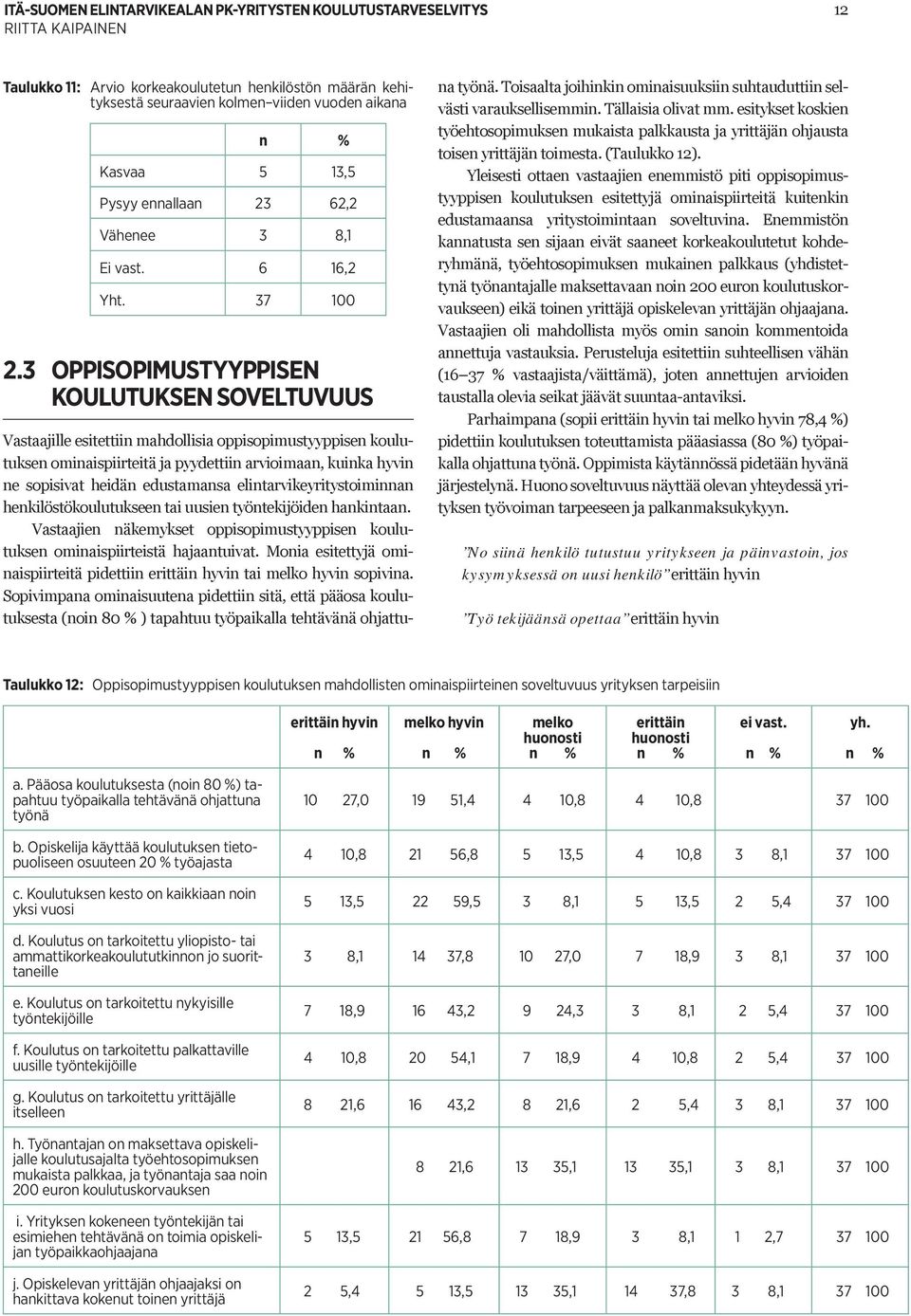 edustamansa elintarvikeyritystoiminnan henkilöstökoulutukseen tai uusien työntekijöiden hankintaan. Vastaajien näkemykset oppisopimustyyppisen koulutuksen ominaispiirteistä hajaantuivat.