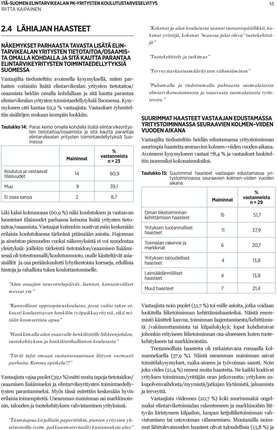 elintarvikealan yritysten toimintaedellytyksiä Suomessa. Kysymykseen otti kantaa 62,2 % vastaajista. Vastaukset ryhmiteltiin sisältöjen mukaan isompiin luokkiin.