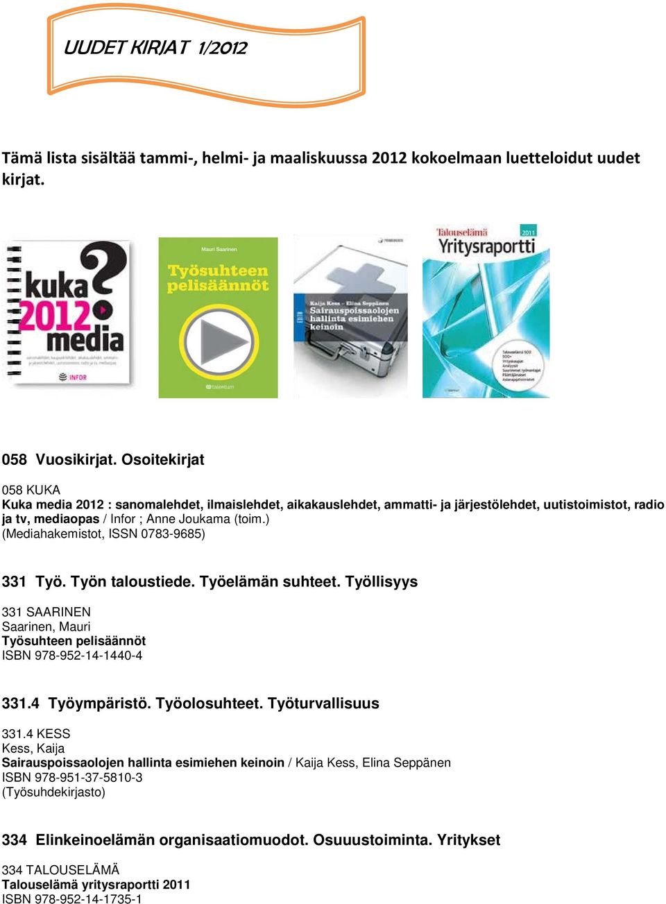 ) (Mediahakemistot, ISSN 0783-9685) 331 Työ. Työn taloustiede. Työelämän suhteet. Työllisyys 331 SAARINEN Saarinen, Mauri Työsuhteen pelisäännöt ISBN 978-952-14-1440-4 331.4 Työympäristö.