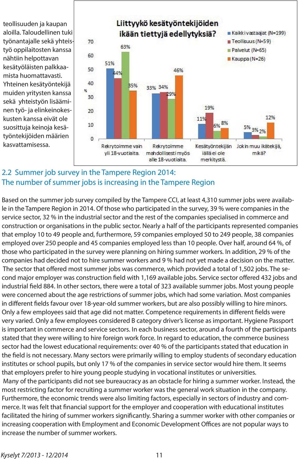 2 Summer job survey in the Tampere Region 2014: The number of summer jobs is increasing in the Tampere Region Based on the summer job survey compiled by the Tampere CCI, at least 4,310 summer jobs