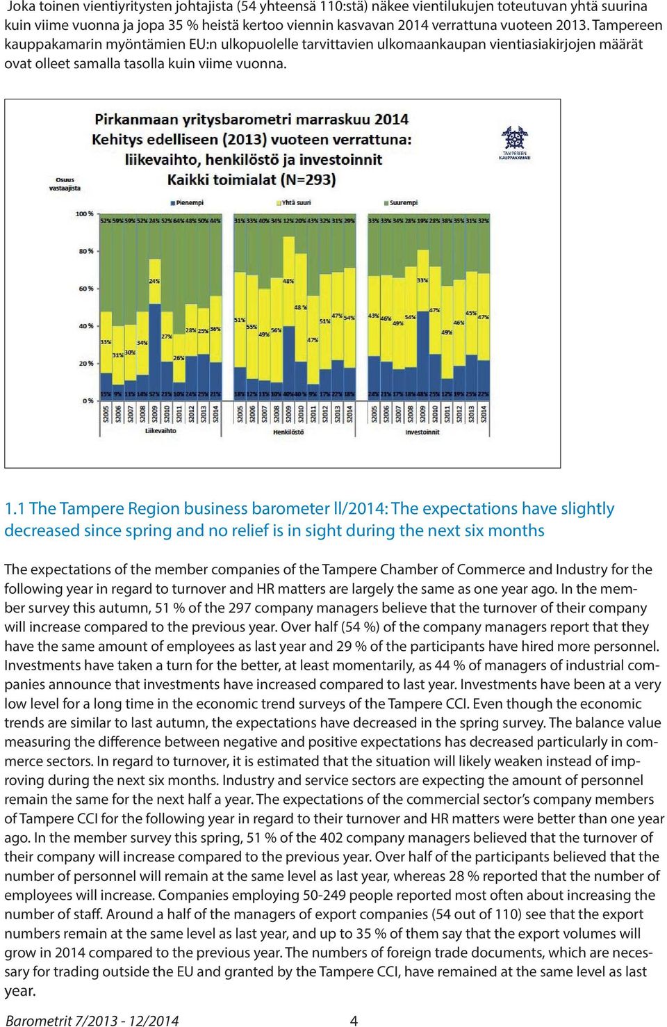 1 The Tampere Region business barometer ll/2014: The expectations have slightly decreased since spring and no relief is in sight during the next six months The expectations of the member companies of