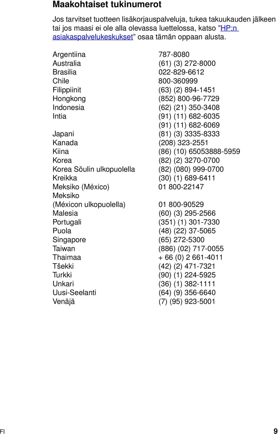 Argentiina 787-8080 Australia (61) (3) 272-8000 Brasilia 022-829-6612 Chile 800-360999 Filippiinit (63) (2) 894-1451 Hongkong (852) 800-96-7729 Indonesia (62) (21) 350-3408 Intia (91) (11) 682-6035