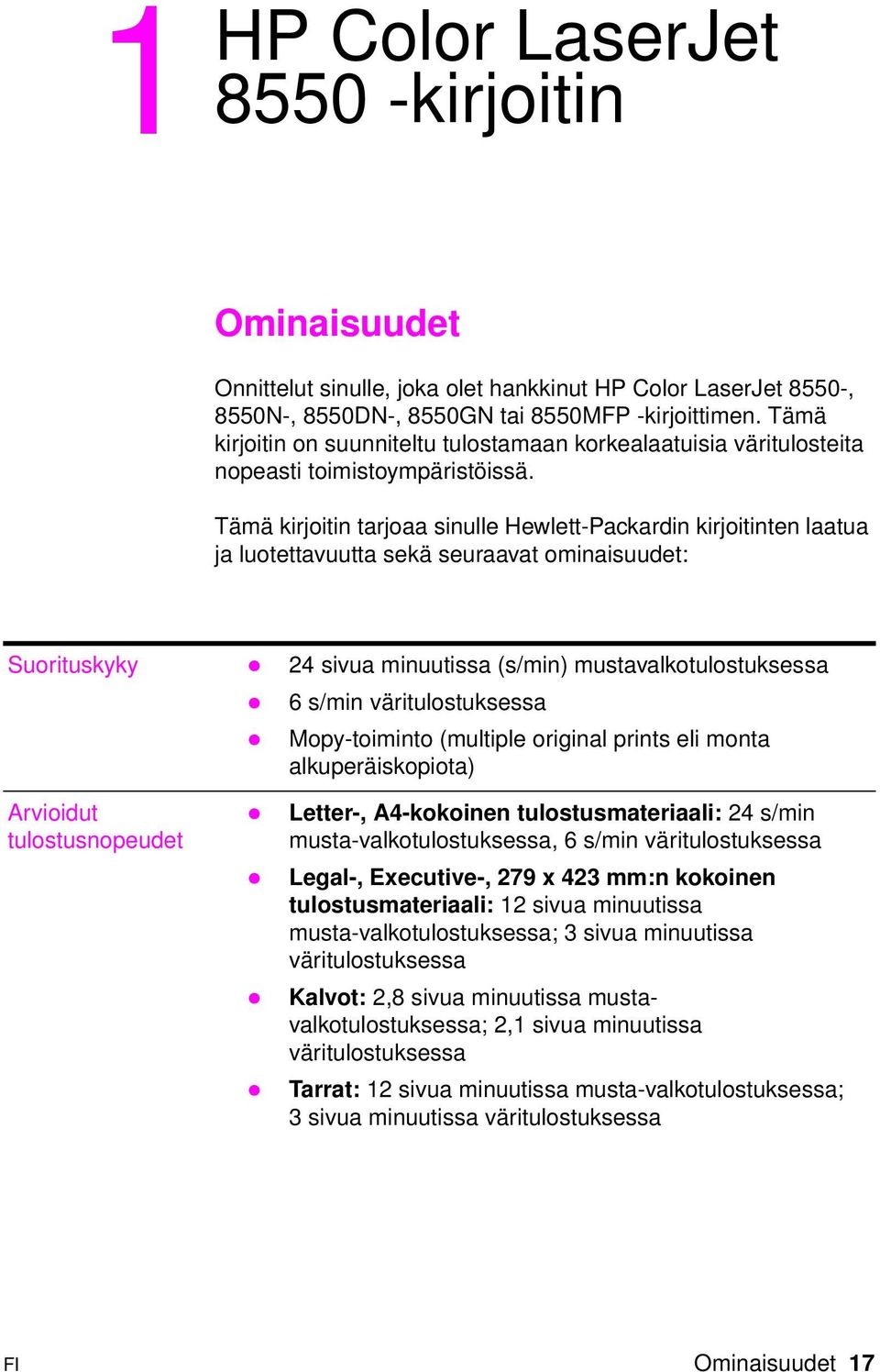 Tämä kirjoitin tarjoaa sinulle Hewlett-Packardin kirjoitinten laatua ja luotettavuutta sekä seuraavat ominaisuudet: Suorituskyky 24 sivua minuutissa (s/min) mustavalkotulostuksessa 6 s/min