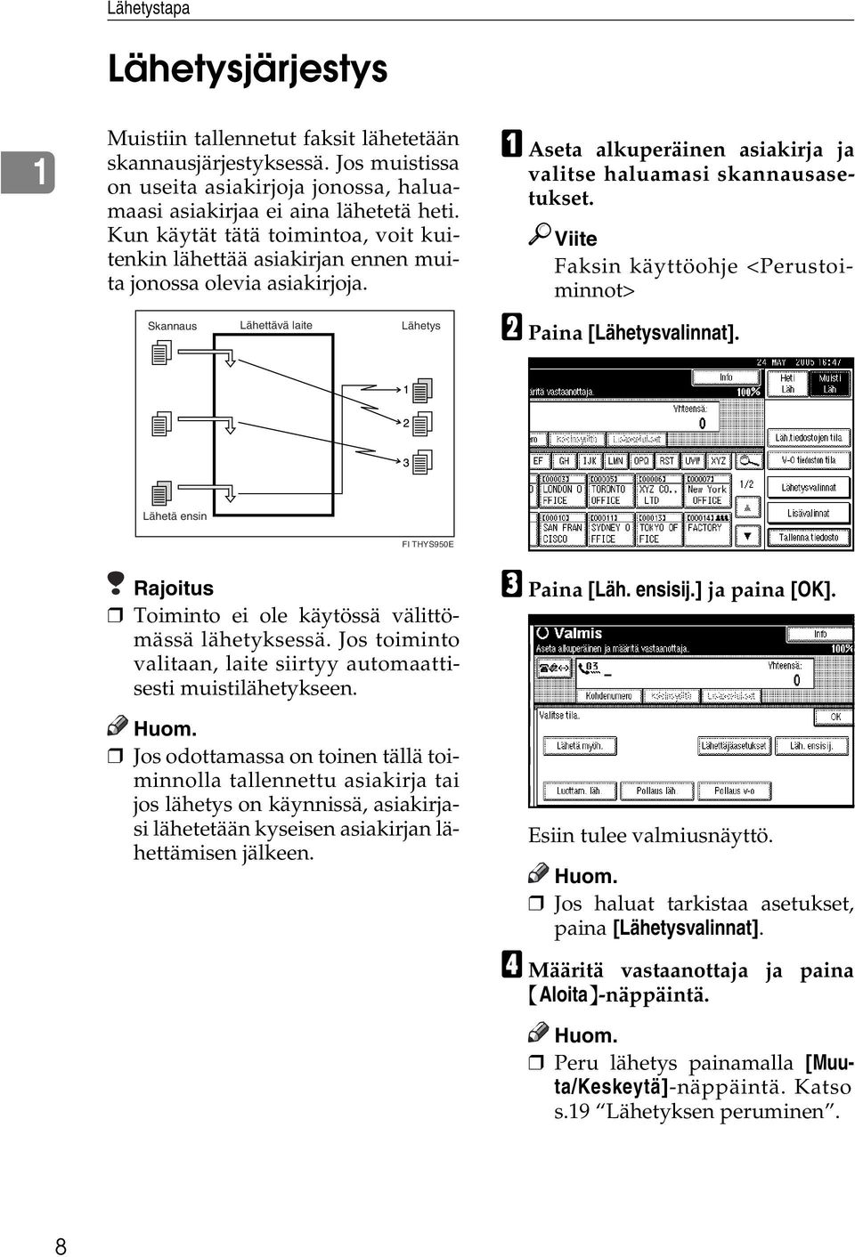 Skannaus Lähettävä laite Lähetys A Aseta alkuperäinen asiakirja ja valitse haluamasi skannausasetukset. Viite Faksin käyttöohje <Perustoiminnot> B Paina [Lähetysvalinnat].