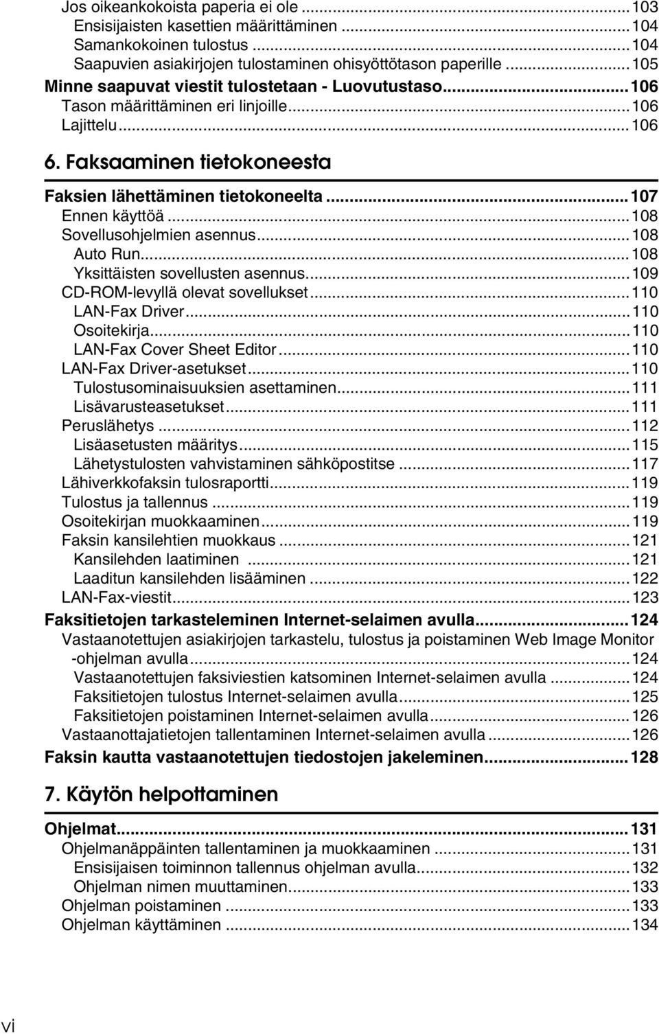 ..108 Sovellusohjelmien asennus...108 Auto Run...108 Yksittäisten sovellusten asennus...109 CD-ROM-levyllä olevat sovellukset...110 LAN-Fax Driver...110 Osoitekirja...110 LAN-Fax Cover Sheet Editor.