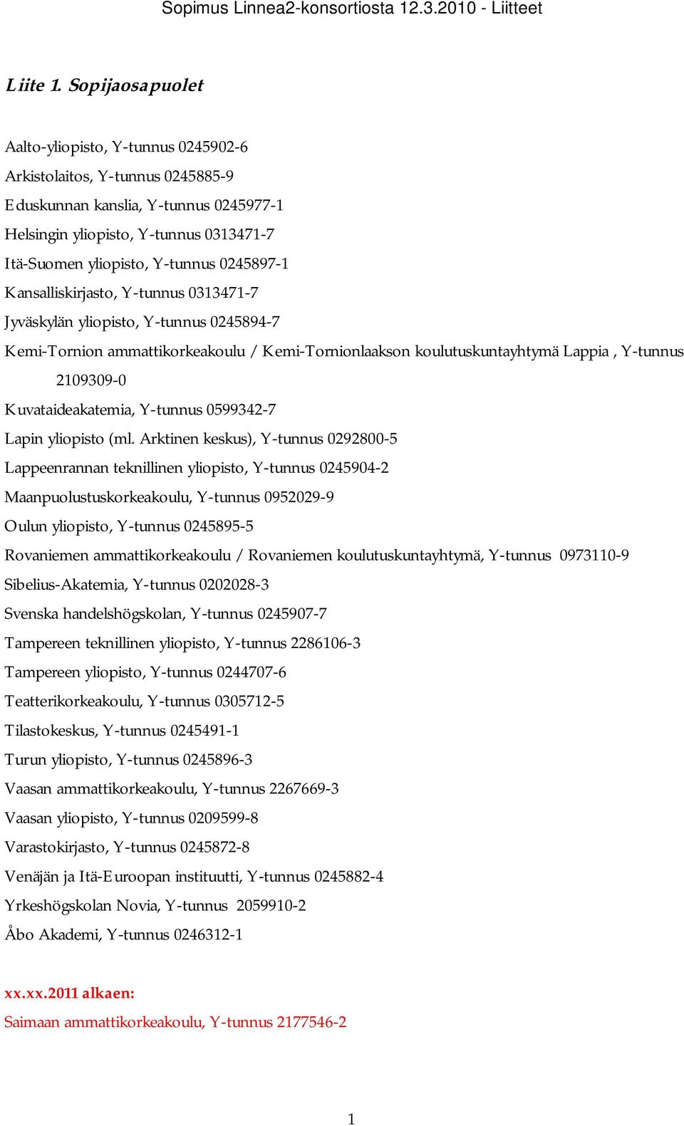 0245897-1 Kansalliskirjasto, Y-tunnus 0313471-7 Jyväskylän yliopisto, Y-tunnus 0245894-7 Kemi-Tornion ammattikorkeakoulu / Kemi-Tornionlaakson koulutuskuntayhtymä Lappia, Y-tunnus 2109309-0