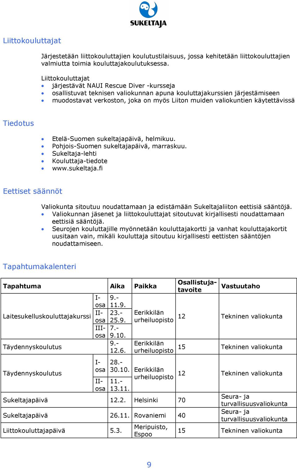 käytettävissä Tiedotus Etelä-Suomen sukeltajapäivä, helmikuu. Pohjois-Suomen sukeltajapäivä, marraskuu. Sukeltaja-lehti Kouluttaja-tiedote www.sukeltaja.fi Eettiset säännöt Valiokunta sitoutuu noudattamaan ja edistämään Sukeltajaliiton eettisiä sääntöjä.