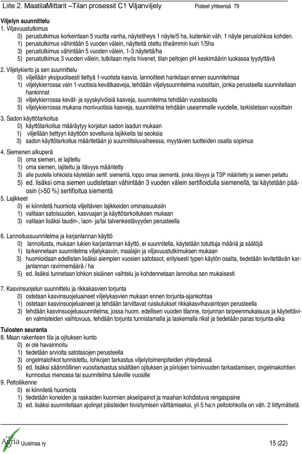 1) perustutkimus vähintään 5 vuoden välein, näytteitä otettu tiheämmin kuin 1/5ha 3) perustutkimus vähintään 5 vuoden välein, 1-3 näytettä/ha 5) perustutkimus 3 vuoden välein, tutkitaan myös hivenet,