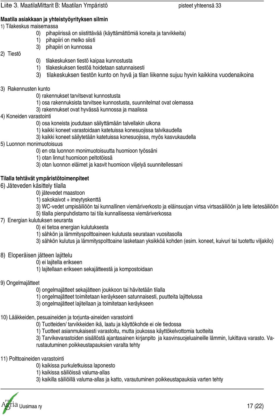 tarvikkeita) 1) pihapiiri on melko siisti 3) pihapiiri on kunnossa 2) Tiestö 0) tilakeskuksen tiestö kaipaa kunnostusta 1) tilakeskuksen tiestöä hoidetaan satunnaisesti 3) tilakeskuksen tiestön kunto