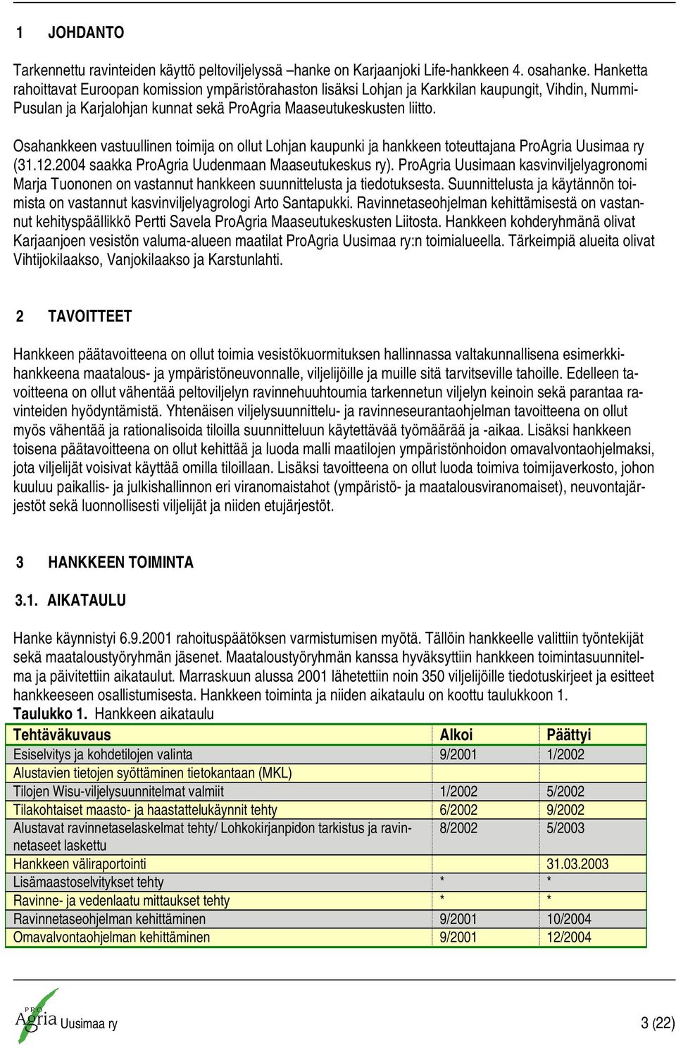 Osahankkeen vastuullinen toimija on ollut Lohjan kaupunki ja hankkeen toteuttajana ProAgria Uusimaa ry (31.12.2004 saakka ProAgria Uudenmaan Maaseutukeskus ry).