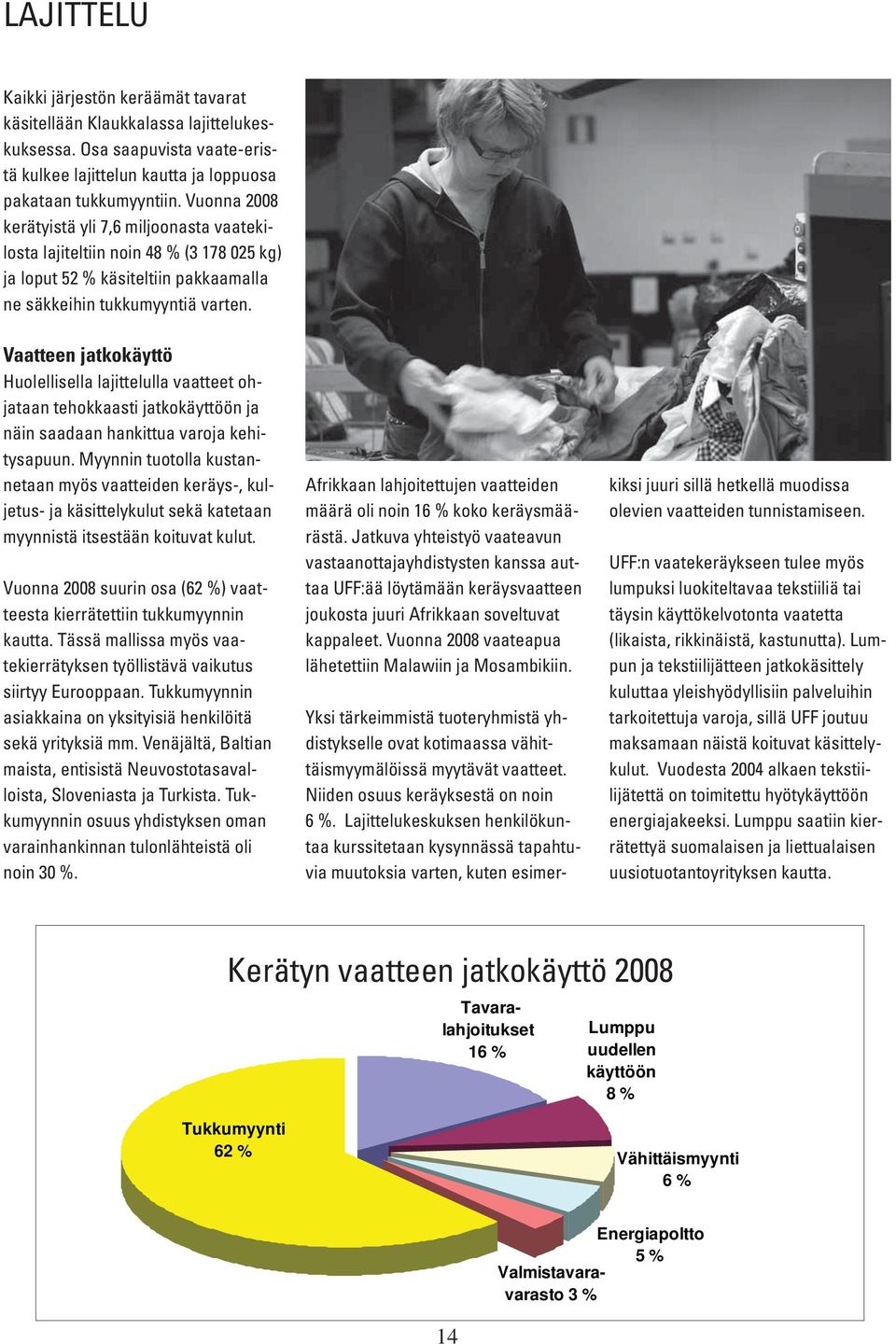 Vaatteen jatkokäyttö Huolellisella lajittelulla vaatteet ohjataan tehokkaasti jatkokäyttöön ja näin saadaan hankittua varoja kehitysapuun.