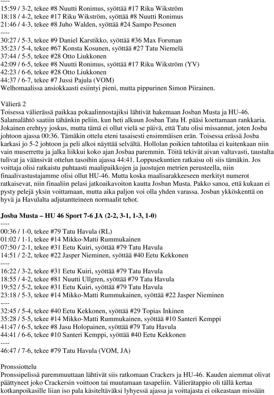 syöttää #17 Riku Wikström (YV) 42:23 / 6-6, tekee #28 Otto Liukkonen 44:37 / 6-7, tekee #7 Jussi Pajula (VOM) Welhomaalissa ansiokkaasti esiintyi pieni, mutta pippurinen Simon Piirainen.