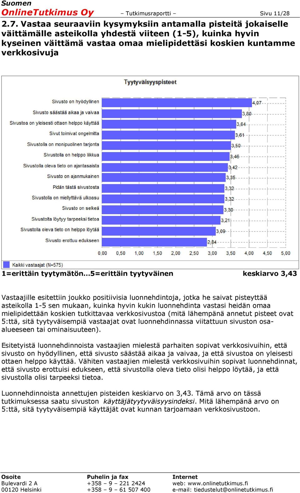 1=erittäin tyytymätön 5=erittäin tyytyväinen keskiarvo 3,43 Vastaajille esitettiin joukko positiivisia luonnehdintoja, jotka he saivat pisteyttää asteikolla 1-5 sen mukaan, kuinka hyvin kukin