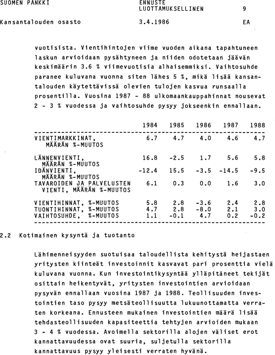 Vuosina 1987-88 ulkomaankauppahinnat nousevat 2-3 % vuodessa ja vaihtosuhde pysyy jokseenkin ennallaan. 1984 1985 1986 1987 1988 VIENTIMARKKINAT, 6.7 MÄÄRÄN %-MUUTOS 4.7 4.0 4.6 4.7 LÄNNENVIENTI, 16.