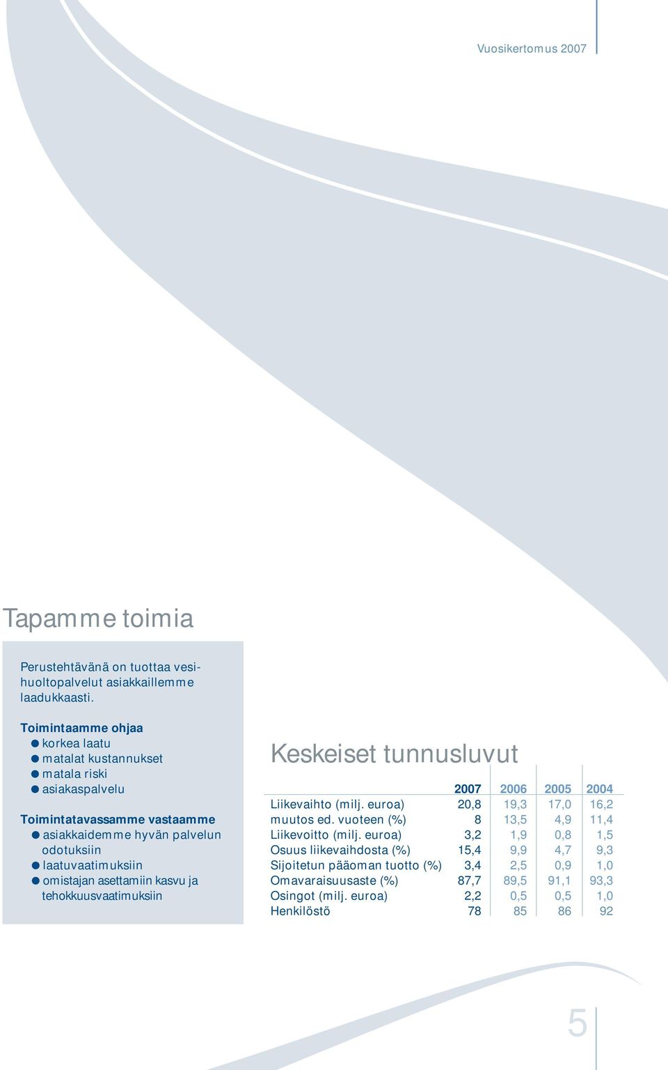 omistajan asettamiin kasvu ja tehokkuusvaatimuksiin Keskeiset tunnusluvut 2007 2006 2005 2004 Liikevaihto (milj. euroa) 20,8 19,3 17,0 16,2 muutos ed.