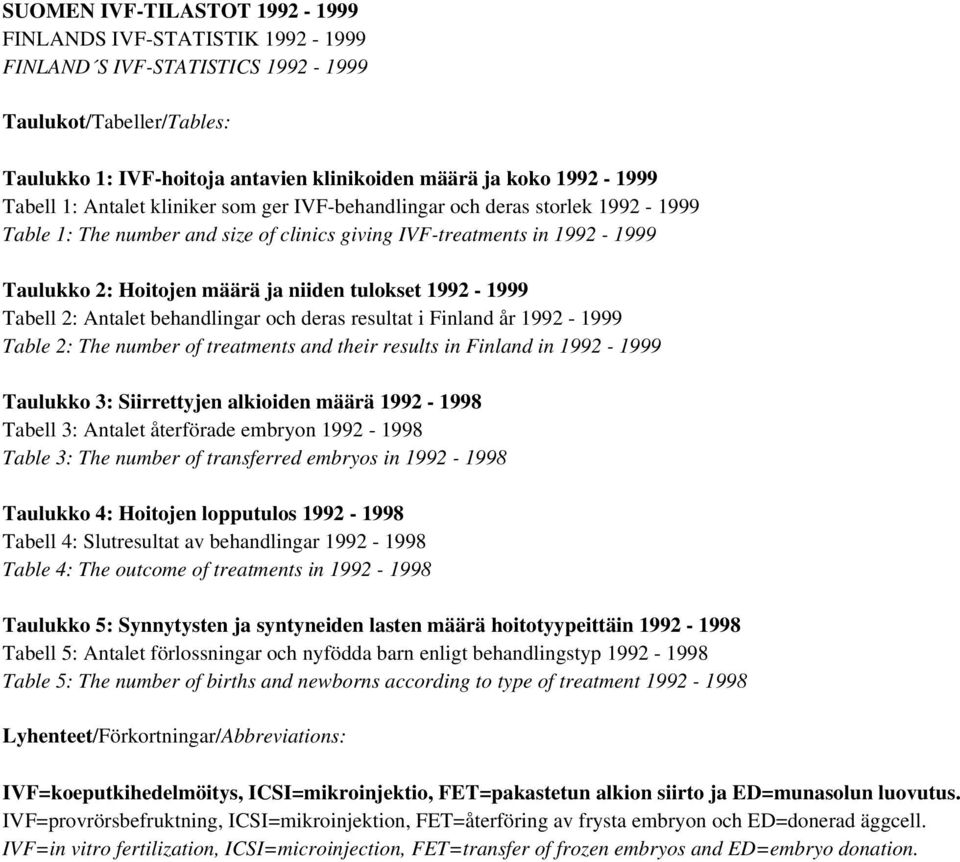 1992-1999 Tabell 2: Antalet behandlingar och deras resultat i Finland år 1992-1999 Table 2: The number of treatments and their results in Finland in 1992-1999 Taulukko 3: Siirrettyjen alkioiden määrä