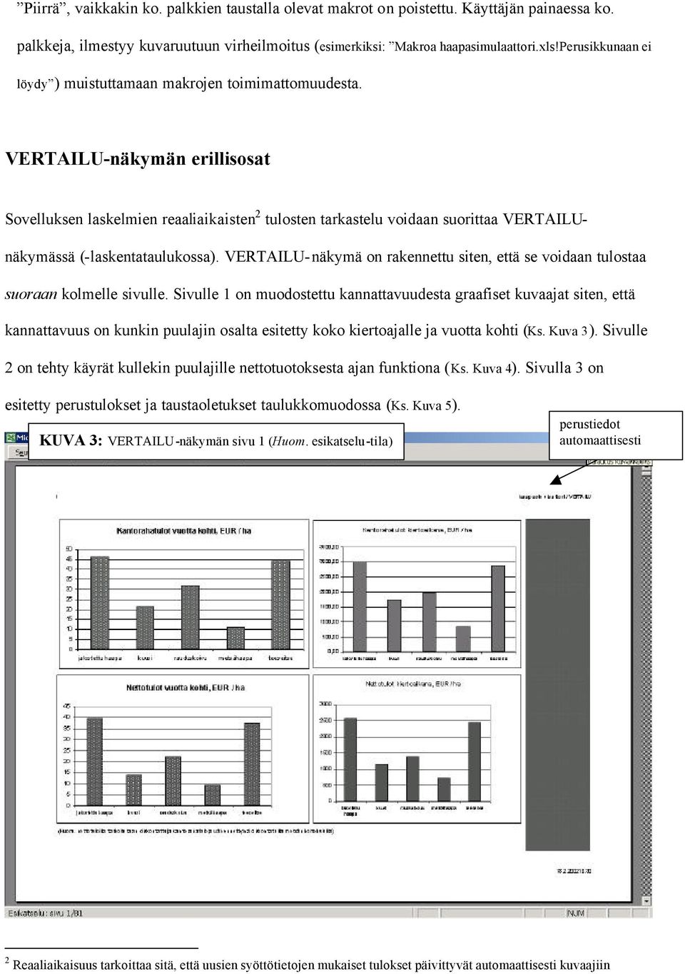 VERTAILU-näkymän erillisosat Sovelluksen laskelmien reaaliaikaisten 2 tulosten tarkastelu voidaan suorittaa VERTAILUnäkymässä (-laskentataulukossa).