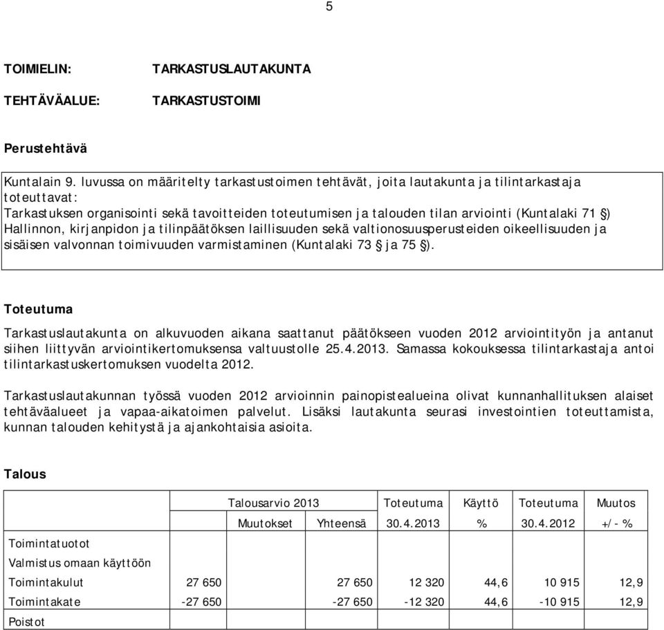 Hallinnon, kirjanpidon ja tilinpäätöksen laillisuuden sekä valtionosuusperusteiden oikeellisuuden ja sisäisen valvonnan toimivuuden varmistaminen (Kuntalaki 73 ja 75 ).