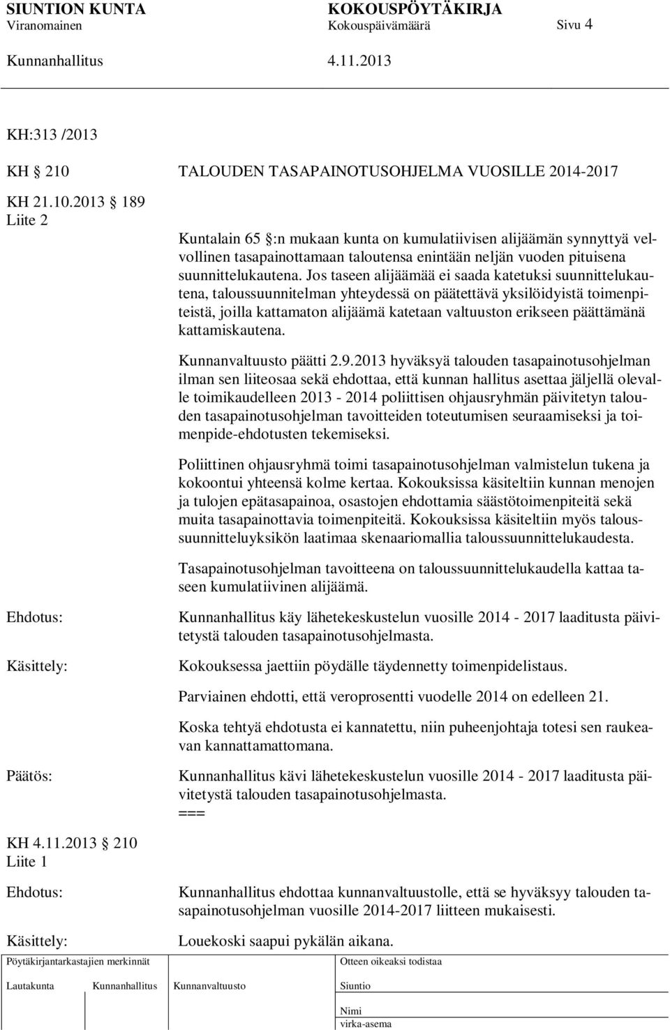 2013 189 Liite 2 Kuntalain 65 :n mukaan kunta on kumulatiivisen alijäämän synnyttyä velvollinen tasapainottamaan taloutensa enintään neljän vuoden pituisena suunnittelukautena.