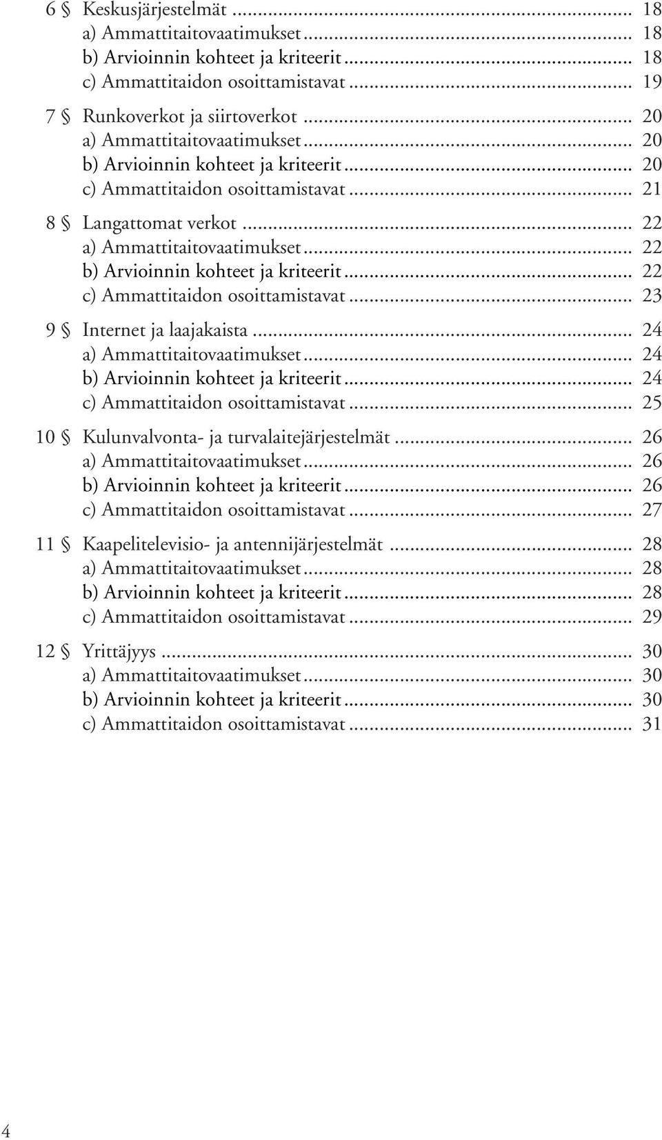 .. 22 b) Arvioinnin kohteet ja kriteerit... 22 c) Ammattitaidon osoittamistavat... 23 9 Internet ja laajakaista... 24 a) Ammattitaitovaatimukset... 24 b) Arvioinnin kohteet ja kriteerit.