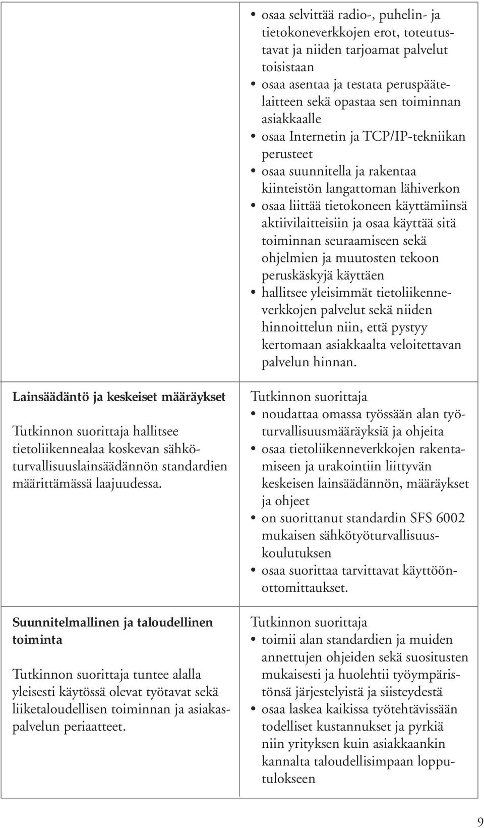 seuraamiseen sekä ohjelmien ja muutosten tekoon peruskäskyjä käyttäen hallitsee yleisimmät tietoliikenneverkkojen palvelut sekä niiden hinnoittelun niin, että pystyy kertomaan asiakkaalta