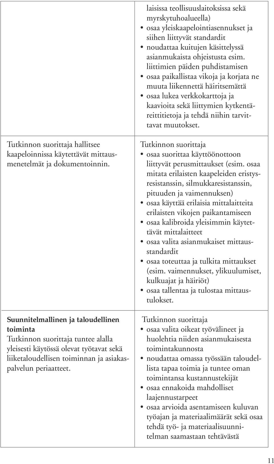 tarvittavat muutokset. hallitsee kaapeloinnissa käytettävät mittausmenetelmät ja dokumentoinnin.