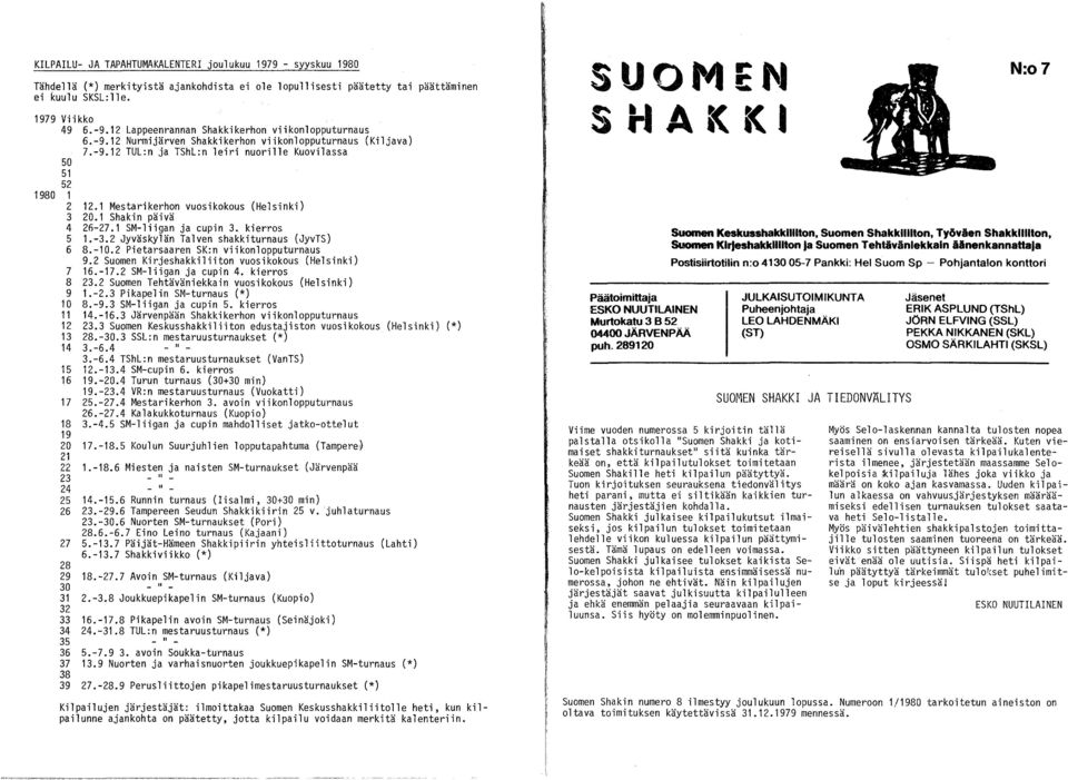1 Mestarikerhon vuosikokous (Helsinki) 3 20.1 Shakin päivä 4 20-27.1 SM-liigan ja cupin 3. kierros 5 1.-3.2 Jyväskylän Talven shakkiturnaus (JyvTS) 6 8.-10.2 Pietarsaaren SK:n viikonlopputurnaus 9.