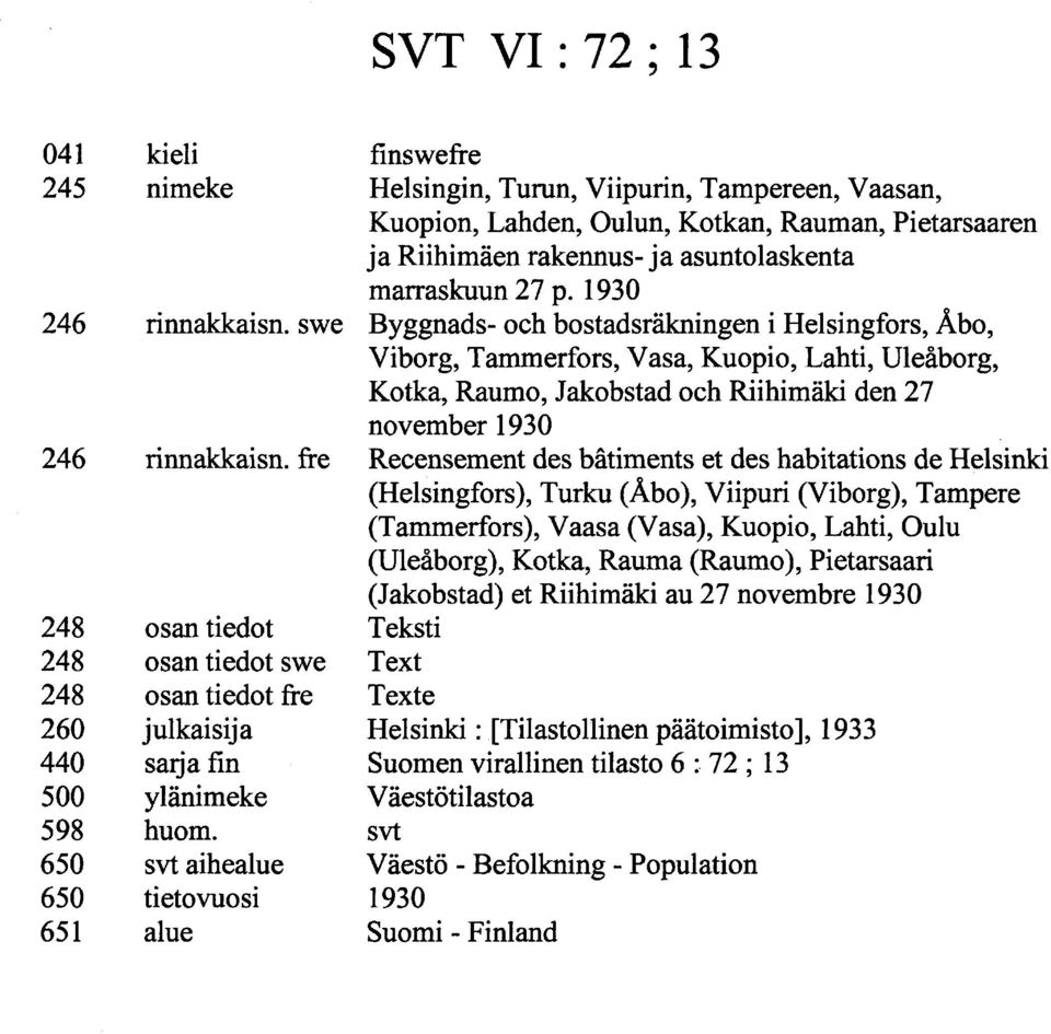 1930 Byggnads- och bostadsräkningen i Helsingfors, Åbo, Viborg, Tammerfors, Vasa,,, Uleåborg,, Raumo, Jakobstad och den 27 november 1930 Recensement des bâtiments et des habitations de Helsinki