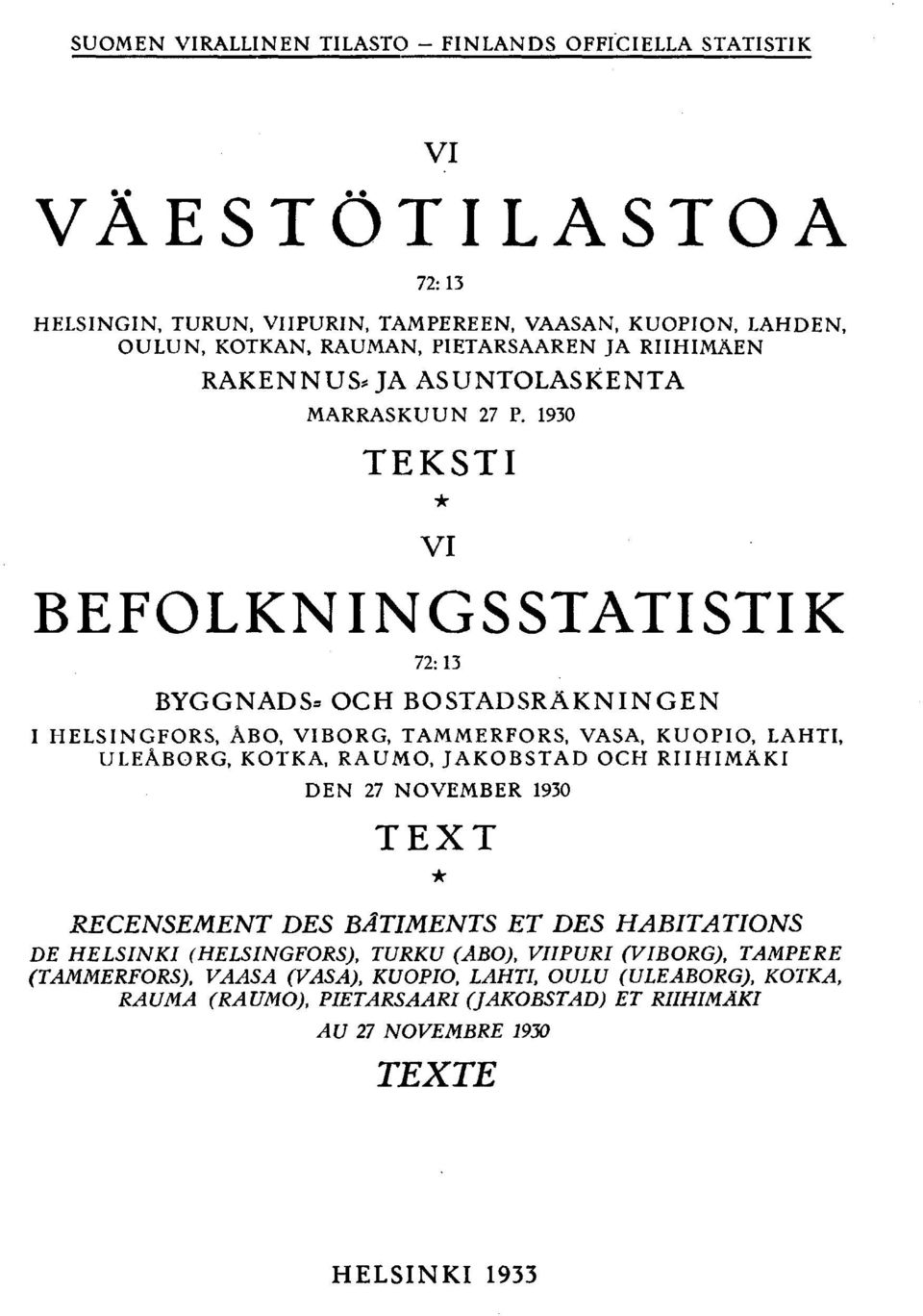 1930 TEKSTI VI BEFOLKNINGSSTATISTIK 72:13 BYGGNADS= OCH BOSTADSRÄKNINGEN I HELSINGFORS, ÅBO, VIBORG, TAMMERFORS, VASA, KUOPIO, LAHTI, ULEÅBORG, KOTKA, RAUMO, JAKOBSTAD OCH