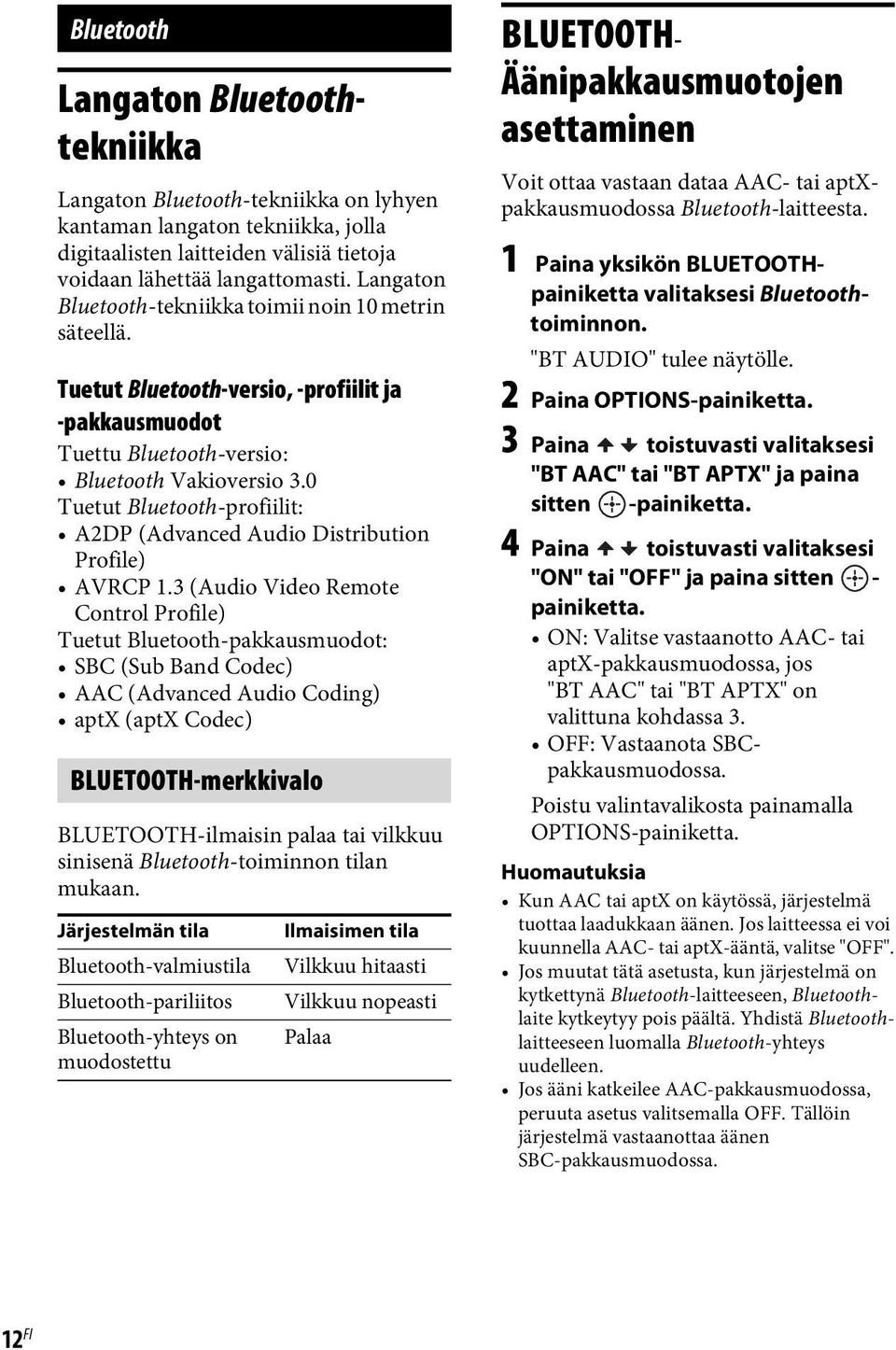 0 Tuetut Bluetooth-profiilit: A2DP (Advanced Audio Distribution Profile) AVRCP 1.