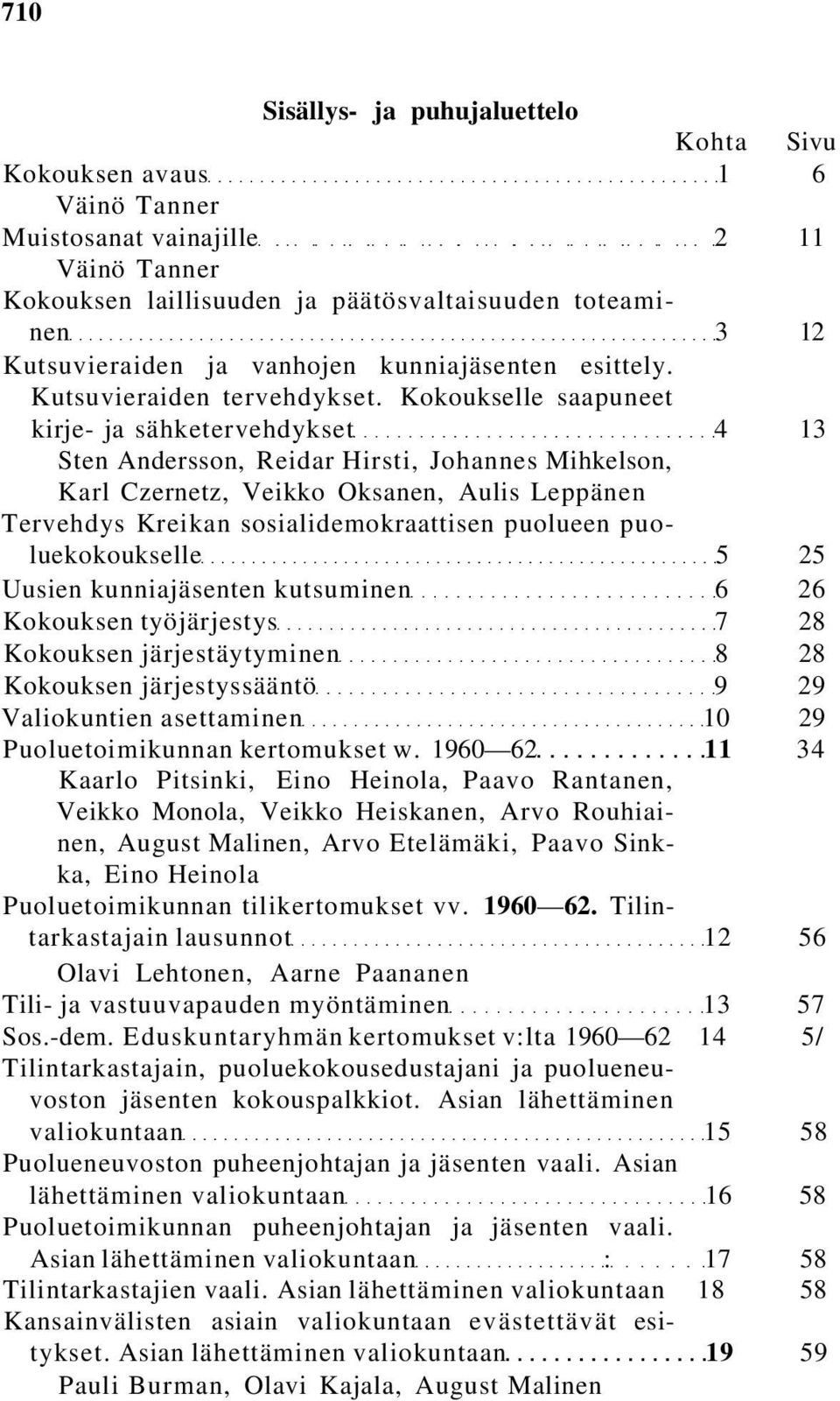 Kokoukselle saapuneet kirje- ja sähketervehdykset 4 13 Sten Andersson, Reidar Hirsti, Johannes Mihkelson, Karl Czernetz, Veikko Oksanen, Aulis Leppänen Tervehdys Kreikan sosialidemokraattisen