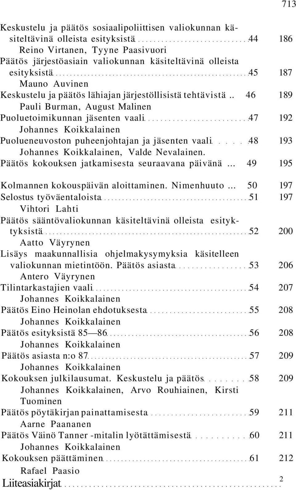 . 46 189 Pauli Burman, August Malinen Puoluetoimikunnan jäsenten vaali 47 192 Puolueneuvoston puheenjohtajan ja jäsenten vaali 48 193, Valde Nevalainen.