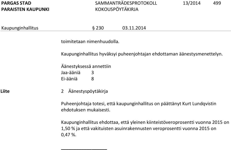 Äänestyksessä annettiin Jaa-ääniä 3 Ei-ääniä 8 Liite 2 Äänestyspöytäkirja Puheenjohtaja totesi, että kaupunginhallitus