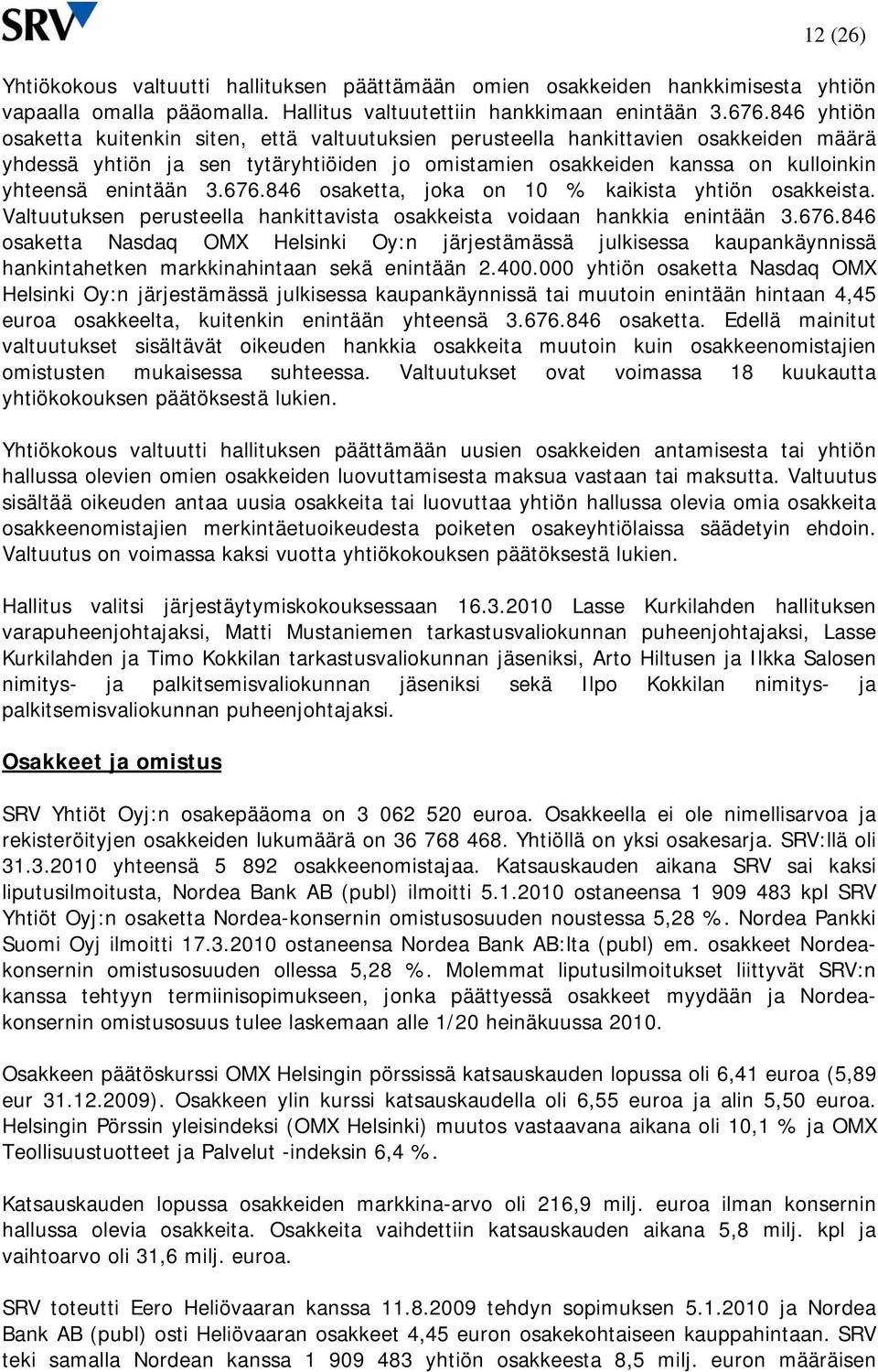 3.676.846 osaketta, joka on 10 % kaikista yhtiön osakkeista. Valtuutuksen perusteella hankittavista osakkeista voidaan hankkia enintään 3.676.846 osaketta Nasdaq OMX Helsinki Oy:n järjestämässä julkisessa kaupankäynnissä hankintahetken markkinahintaan sekä enintään 2.