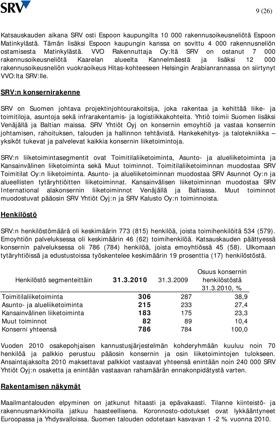 VVO Rakennuttaja Oy:ltä SRV on ostanut 7 000 rakennusoikeusneliötä Kaarelan alueelta Kannelmäestä ja lisäksi 12 000 rakennusoikeusneliön vuokraoikeus Hitas-kohteeseen Helsingin Arabianrannassa on
