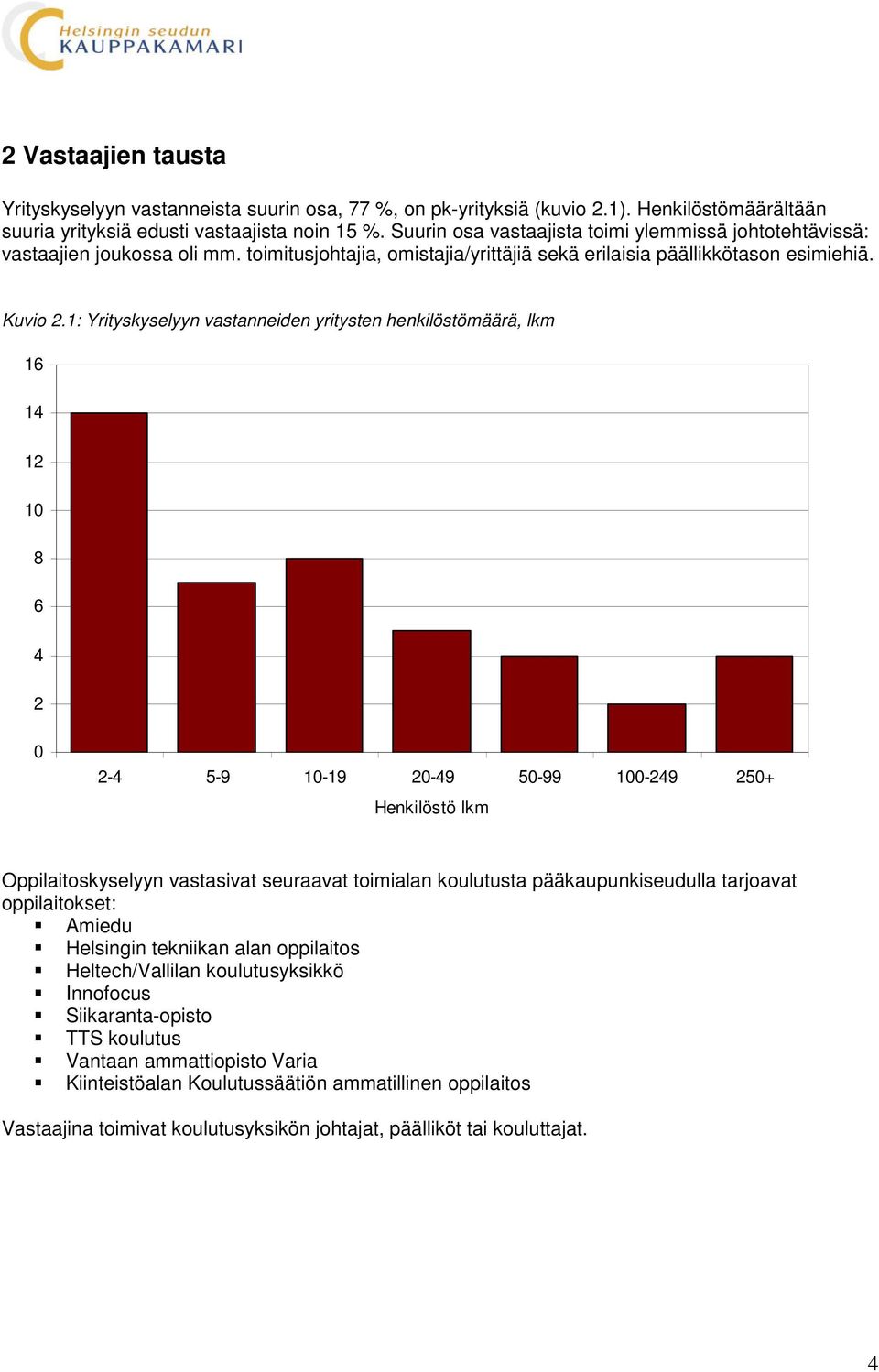 1: Yrityskyselyyn vastanneiden yritysten henkilöstömäärä, lkm 16 14 12 10 8 6 4 2 0 2-4 5-9 10-19 20-49 50-99 100-249 250+ Henkilöstö lkm Oppilaitoskyselyyn vastasivat seuraavat toimialan koulutusta