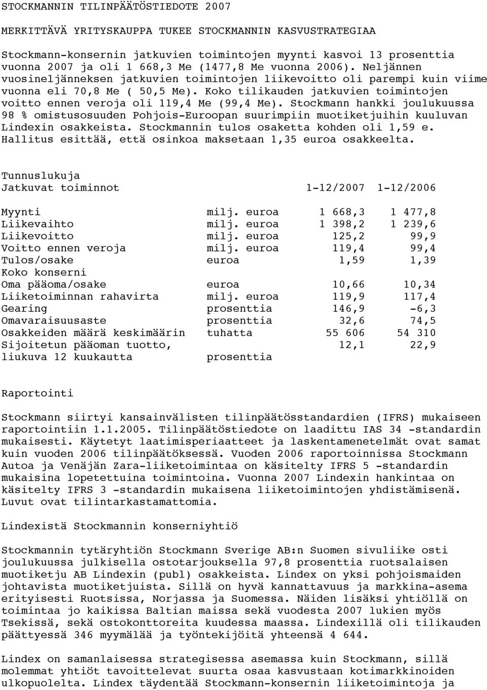 Koko tilikauden jatkuvien toimintojen voitto ennen veroja oli 119,4 Me (99,4 Me).