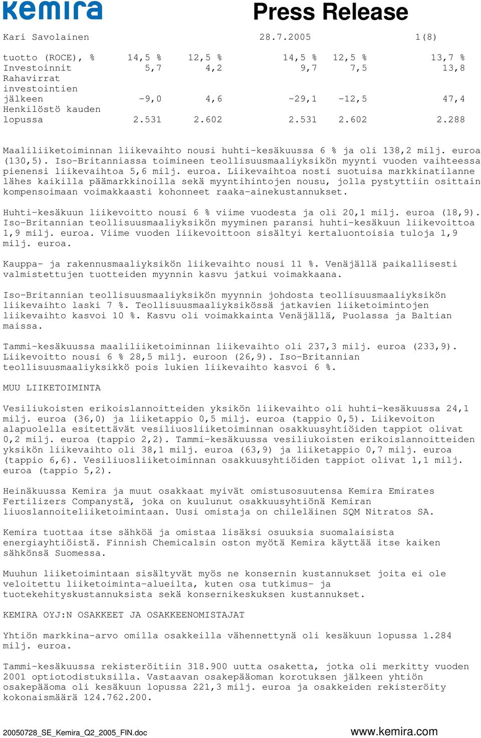 Iso-Britanniassa toimineen teollisuusmaaliyksikön myynti vuoden vaihteessa pienensi liikevaihtoa 5,6 milj. euroa.