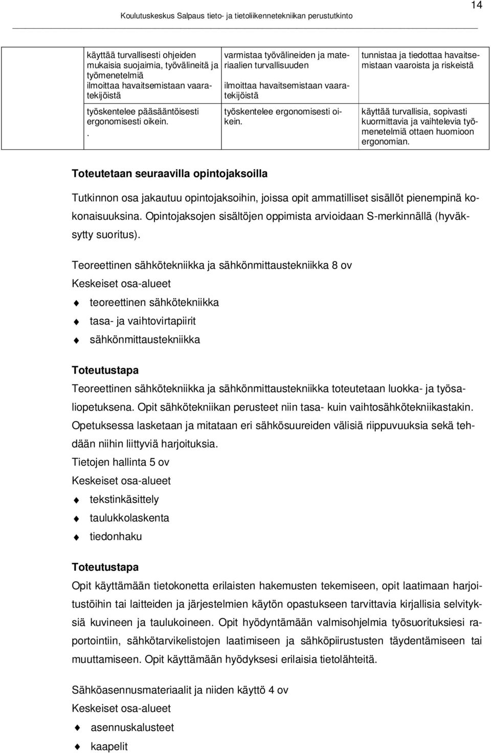 tunnistaa ja tiedottaa havaitsemistaan vaaroista ja riskeistä käyttää turvallisia, sopivasti kuormittavia ja vaihtelevia työmenetelmiä ottaen huomioon ergonomian.