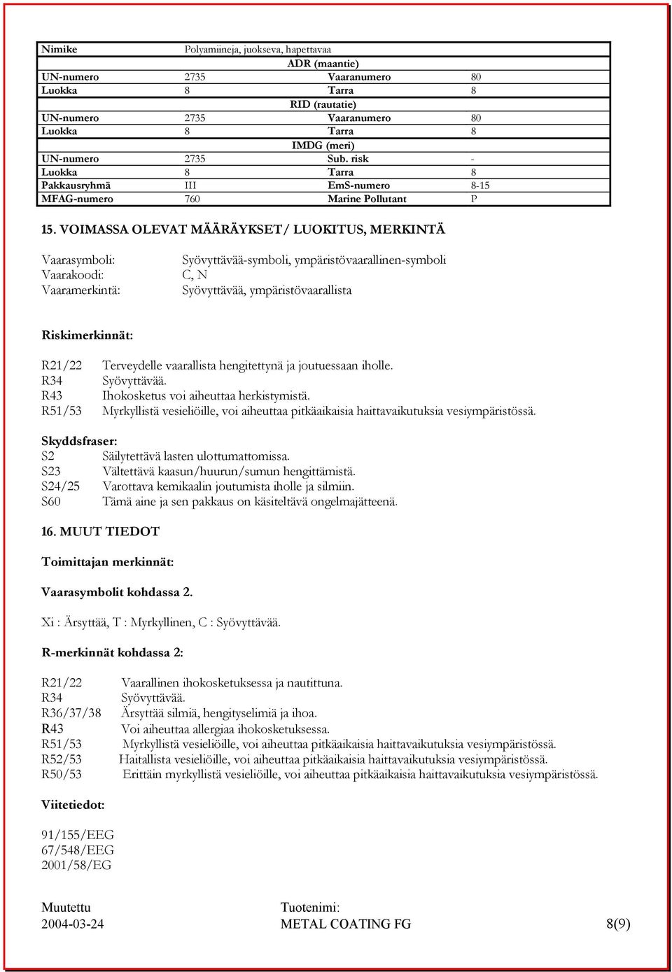 VOIMASSA OLEVAT MÄÄRÄYKSET/ LUOKITUS, MERKINTÄ Vaarasymboli: Vaarakoodi: Vaaramerkintä: Syövyttävää-symboli, ympäristövaarallinen-symboli C, N Syövyttävää, ympäristövaarallista Riskimerkinnät: R21/22