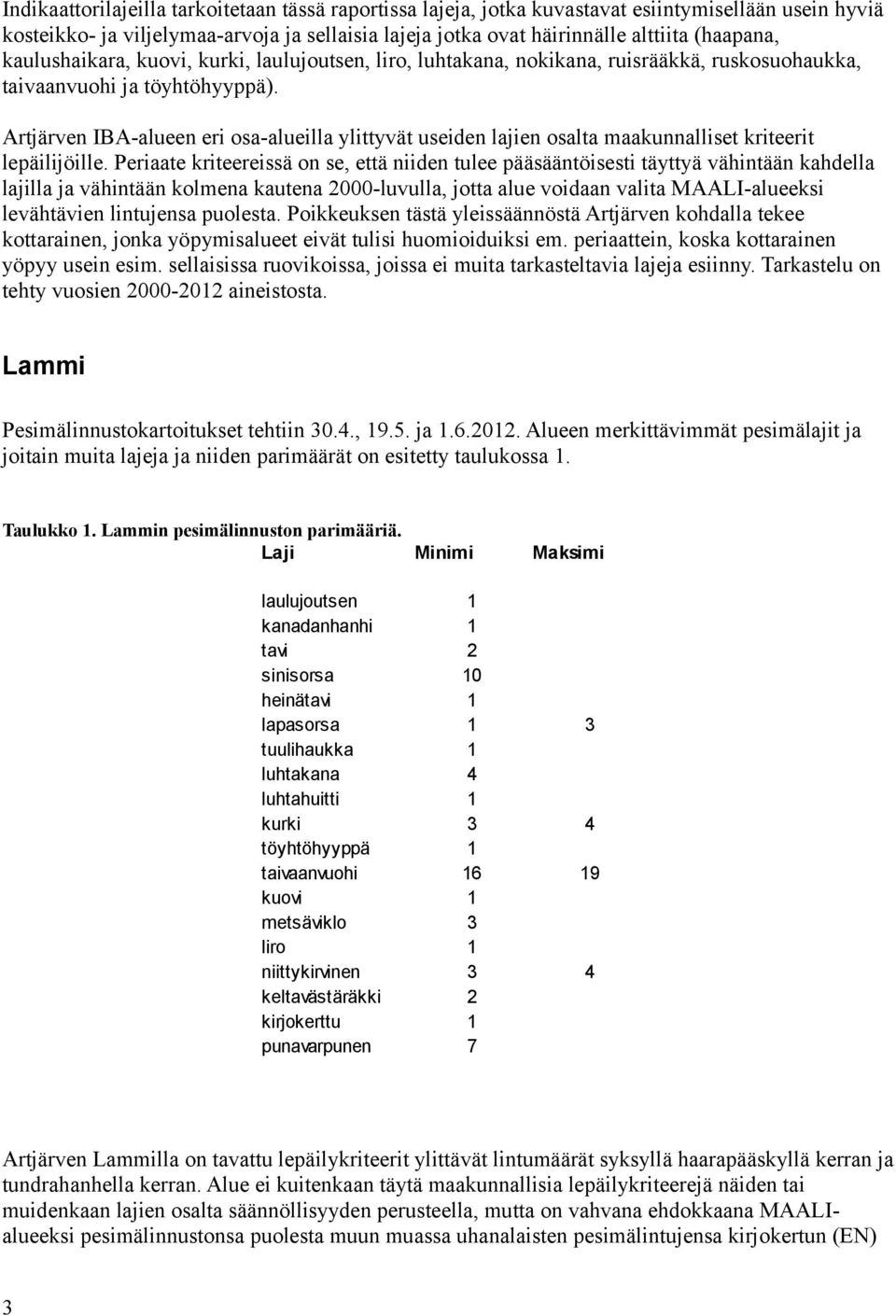 Artjärven IBA-alueen eri osa-alueilla ylittyvät useiden lajien osalta maakunnalliset kriteerit lepäilijöille.
